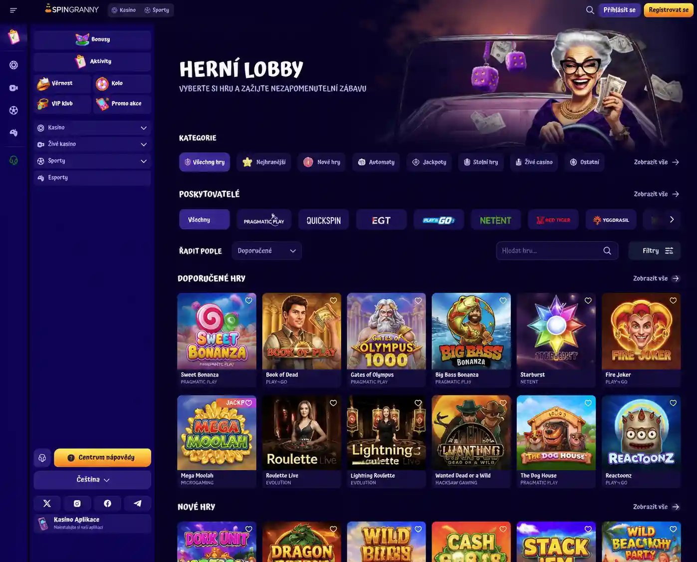Herní lobby Spingranny s filtry a kategoriemi