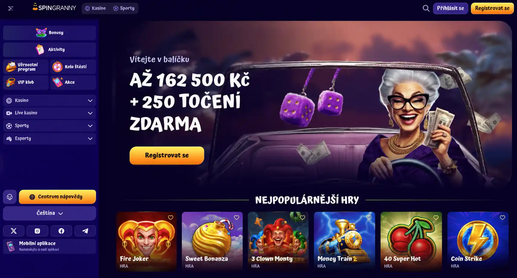 Úvodní obrazovka webu Spingranny s českou lokalizací