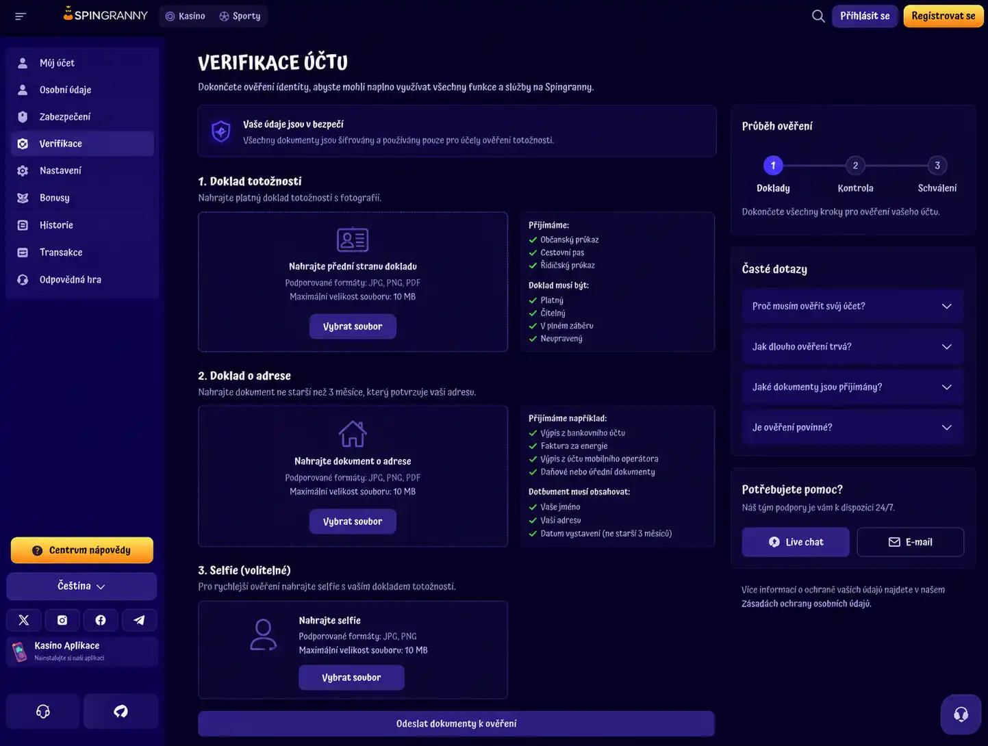 Postup ověření identity v uživatelském profilu Spingranny