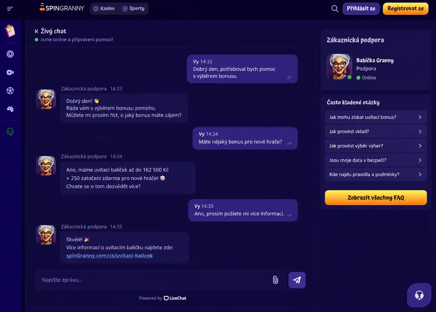 Okno živého chatu zákaznické podpory Spingranny v češtině