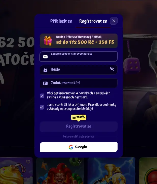Registrační formulář Spingranny s českou lokalizací
