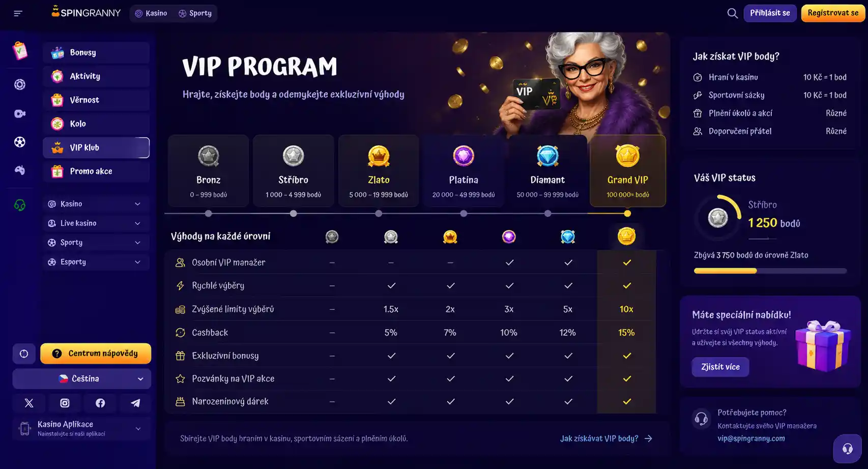 Vizualizace úrovní VIP programu Spingranny s přehledem benefitů